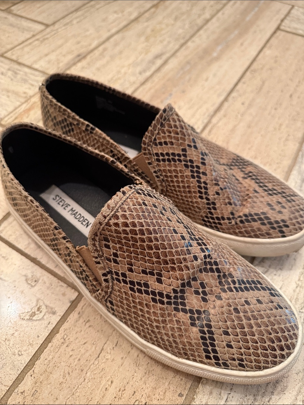 Steve Madden Tan Brown Snake-Print Slip-On Sneakers